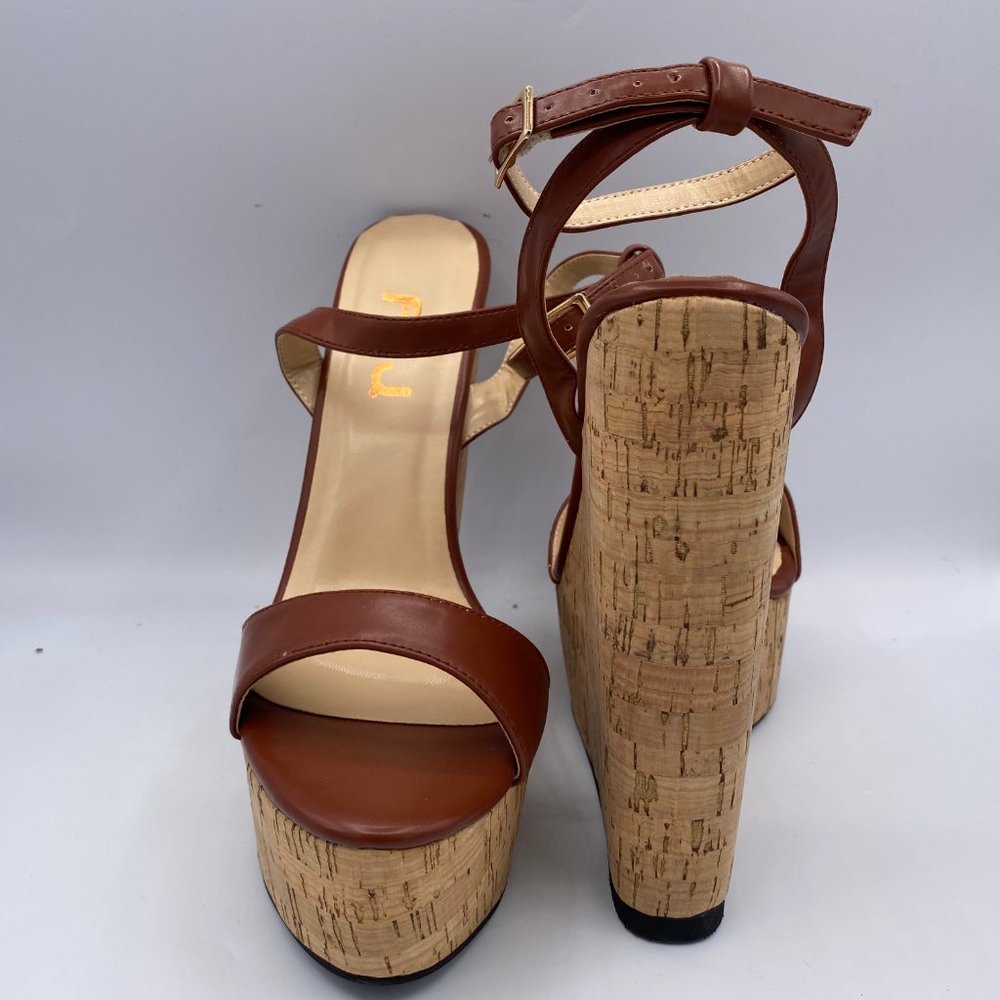 FSJ Tan Wedges Sandals Ankle Strap Slingback Open - Picture 6 of 11